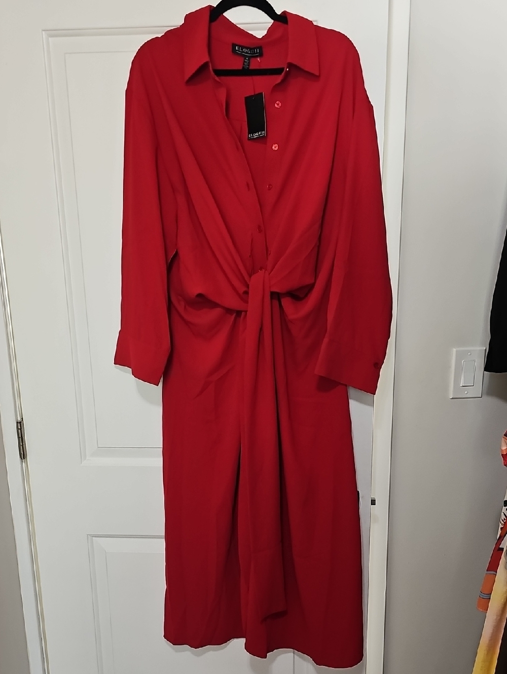 Elodie Vibrant Red Midi Shirt Dress with Front Tie Detail
